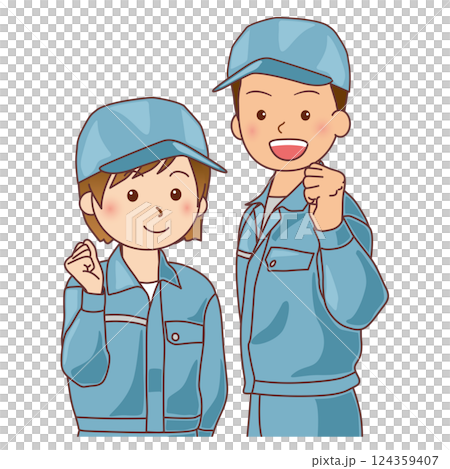 身著工作服的男女擺出握拳姿勢 124359407