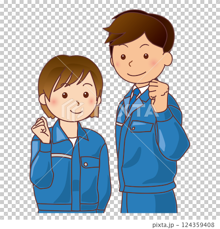 身著工作服的男女擺出握拳姿勢 124359408