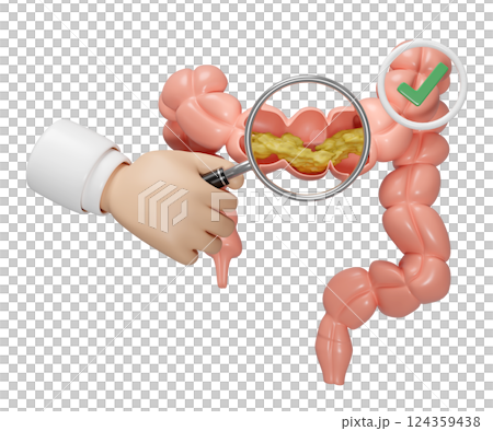 3d human colon cross section with waste in the intestine, doctor hand holding magnifying glas, check mark isolated. check colon health, constipation concept, 3d illustration render 124359438