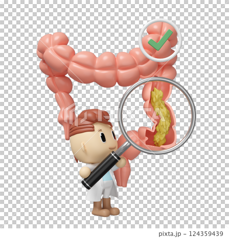 3d human colon cross section with waste in the intestine, doctor hand holding magnifying glas, check mark isolated. check colon health, constipation concept, 3d illustration render 124359439