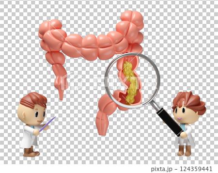 3d human colon cross section with waste in the intestine, doctor hand holding magnifying glas, check list isolated. check colon health, constipation concept, 3d illustration render 3d human colon cross section with waste in the intestine, doctor hand holding magnifying glas, check list isolated. check colon health, constipation concept, 3d illustration render 124359441