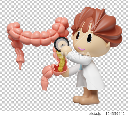 3d human colon cross section with waste in the intestine, doctor hand holding stethoscope isolated. check colon health, constipation concept, 3d illustration render 124359442