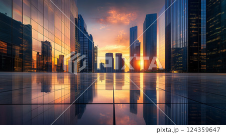 Modern City Skyline Reflected at Sunset Modern City Skyline Reflected at Sunset 124359647