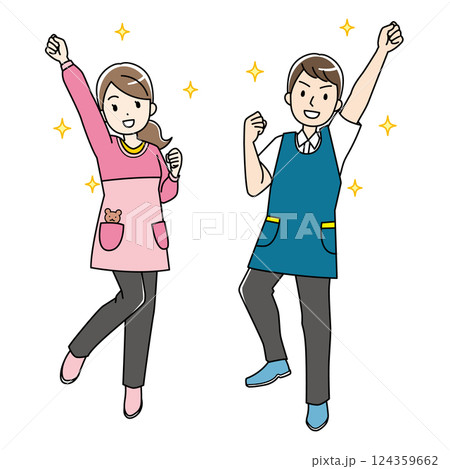 元気な若いエプロン姿の男女のカラーイラスト 124359662