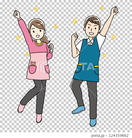 元気な若いエプロン姿の男女のカラーイラスト 124359662