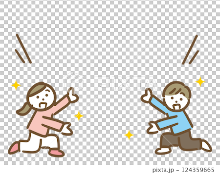 シンプルな吹き出しと両手を広げて紹介している私服の若い男女(全身) 124359665