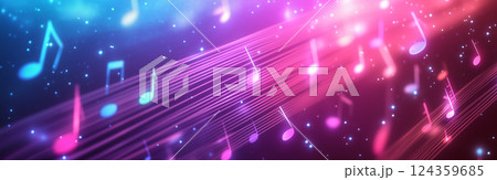 Colorful Musical Notes Flowing on a Vibrant Wave Background 124359685