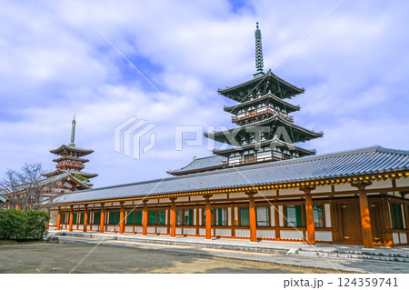 奈良・西ノ京 薬師寺 中門・東塔・西塔 124359741