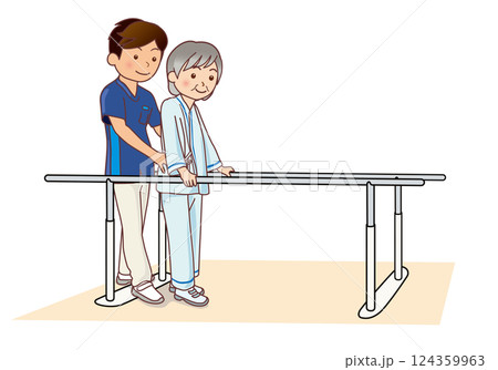 スタッフと平行棒を使用してリハビリする高齢女性 124359963