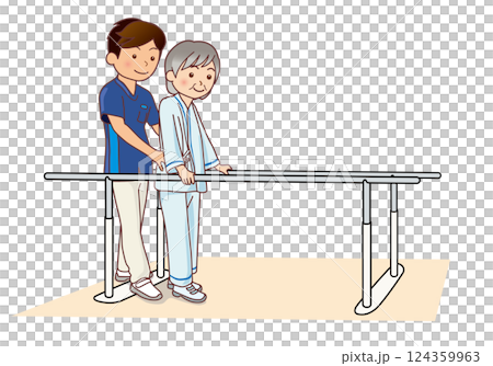 スタッフと平行棒を使用してリハビリする高齢女性 124359963