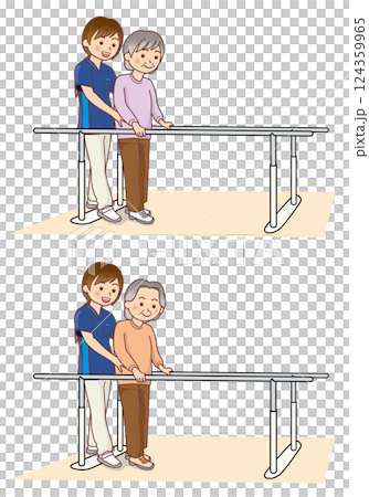 Elderly woman undergoing rehabilitation using staff and parallel bars 124359965