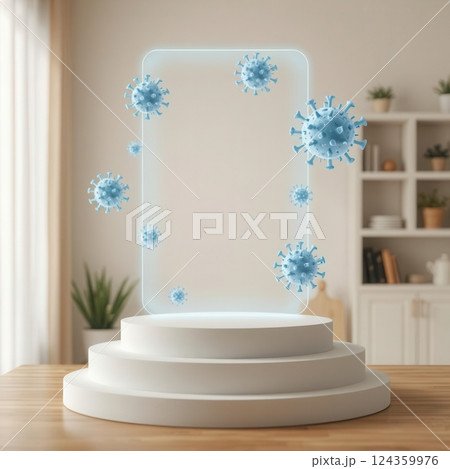 Minimalist product display podium with floating holographic virus models in a modern home setting 124359976