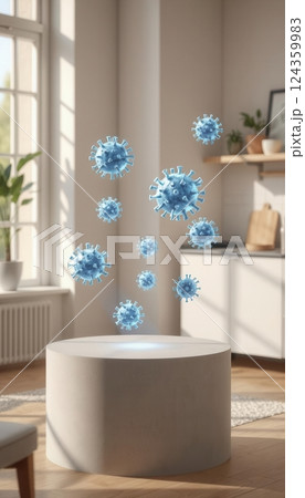Minimalist product display podium with floating holographic virus models in a modern home setting 124359983