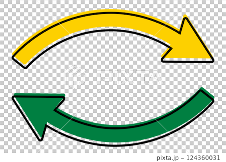 Left and right curved rounded arrow icon / black line, yellow and green Left and right curved rounded arrow icon / black line, yellow and green 124360031