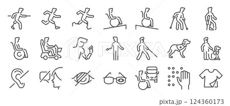 Disability icon set. It includes handicap, accessibility, disabled, human, and more icons. Editable Vector Stroke. Disability icon set. It includes handicap, accessibility, disabled, human, and more icons. Editable Vector Stroke. 124360173