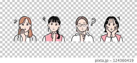 一組簡單的向量插圖，描繪了一個時尚的商人帶著憂慮的表情 124360419