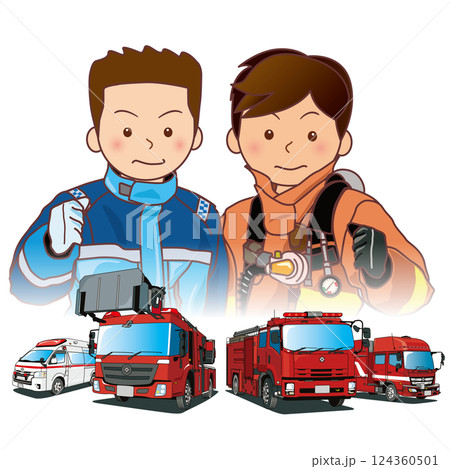 消防車両と隊員 124360501
