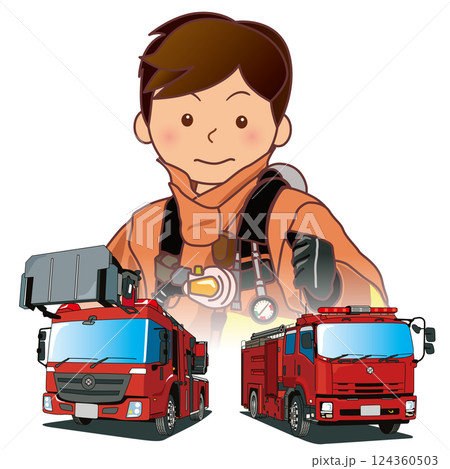 消防車両と隊員 124360503