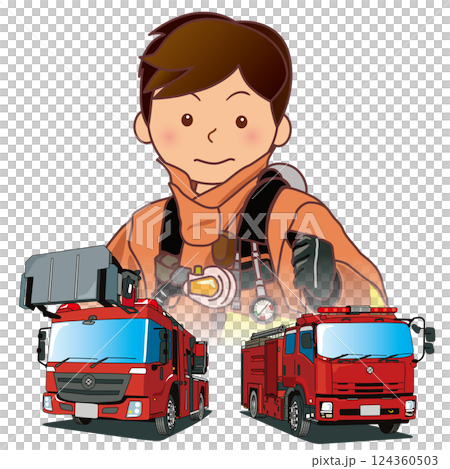 消防車両と隊員 124360503