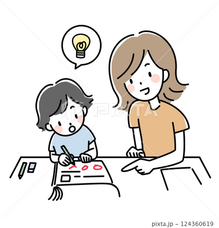 家庭学習でドリルに取り組む親子のイラスト 家庭学習でドリルに取り組む親子のイラスト 124360619