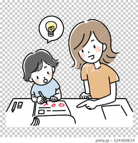家庭学習でドリルに取り組む親子のイラスト 家庭学習でドリルに取り組む親子のイラスト 124360619