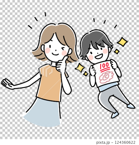 Illustration of a parent and child happy to get 100 points 124360622