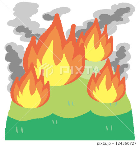 まるい山に燃え盛る山火事 124360727