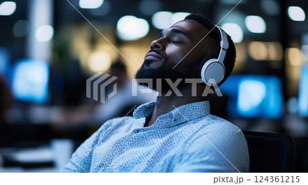 Man Enjoying Music with Headphones in Modern Office Environment at Night Man Enjoying Music with Headphones in Modern Office Environment at Night 124361215
