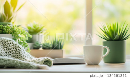Cozy workspace with plants, book, cup, and knitted blanket in bright and inviting setting 124361251