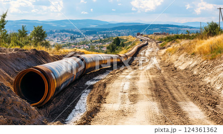 Large Pipeline Project for Transporting Water to City in Rural Landscape with Mountains 124361362