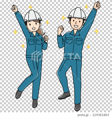 一位身穿工作服和頭盔的開朗年輕男女的彩色插圖 124361663