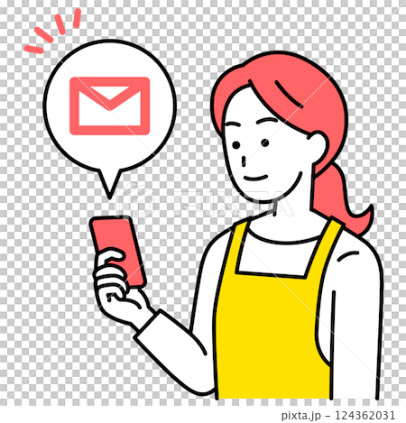 スマートフォンでメールを受信するエプロン姿の女性 124362031