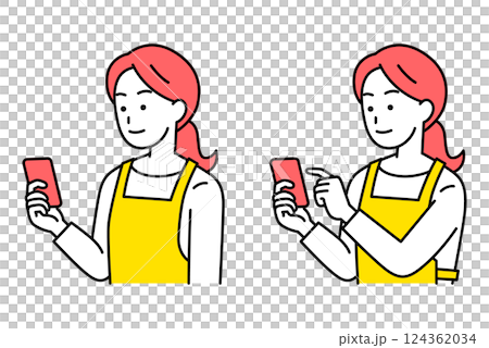 スマートフォンの画面を見るエプロン姿の女性のセット（見る/操作） 124362034