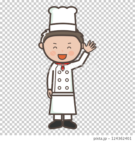 一位年輕男主廚揮手打招呼的全身插圖 124362401