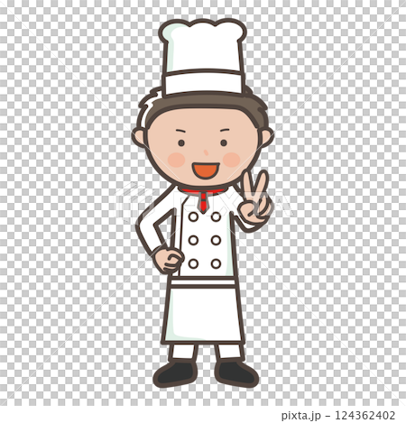 Full-body illustration of a smiling young male chef making a peace sign Full-body illustration of a smiling young male chef making a peace sign 124362402
