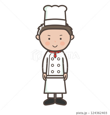 笑顔で正面を向く若い男性コックさんの全身イラスト 笑顔で正面を向く若い男性コックさんの全身イラスト 124362403