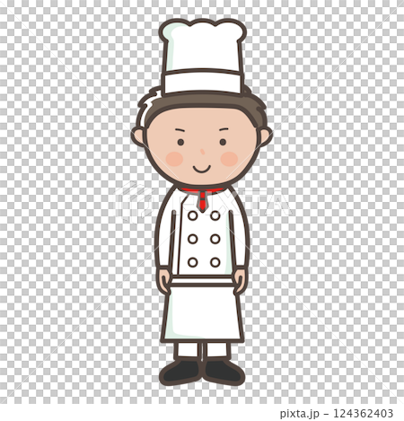 笑顔で正面を向く若い男性コックさんの全身イラスト 笑顔で正面を向く若い男性コックさんの全身イラスト 124362403
