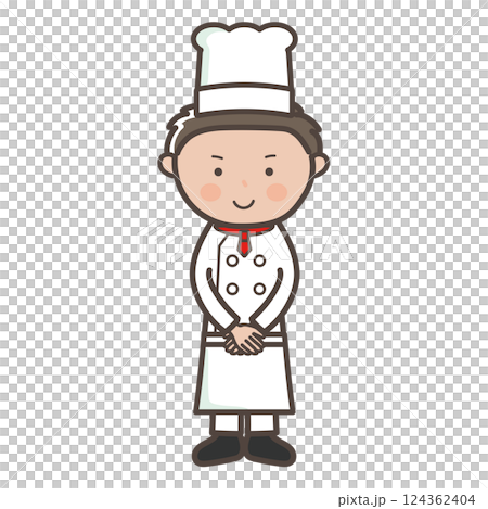 一位年輕男主廚以顧客服務姿勢迎接顧客的全身插圖 124362404