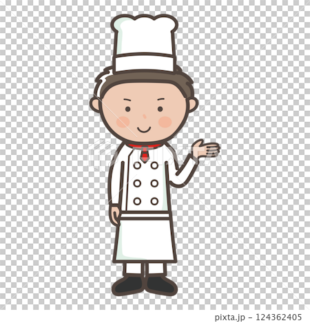 一位年輕男廚師進行解釋或指導的全身插圖 一位年輕男廚師進行解釋或指導的全身插圖 124362405