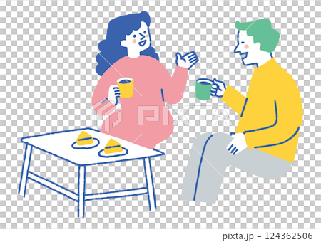 Two men and women drinking coffee while talking in a cafe_color Two men and women drinking coffee while talking in a cafe_color 124362506