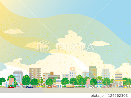 黄砂が舞う街並みのイラスト. 大気汚染. 黄砂が舞う街並みのイラスト. 大気汚染. 124362508