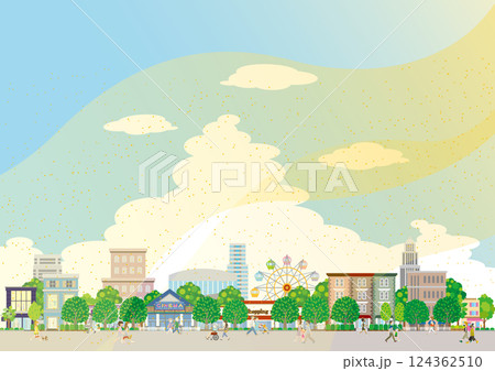 黄砂が舞う街並みのイラスト. 大気汚染. 黄砂が舞う街並みのイラスト. 大気汚染. 124362510