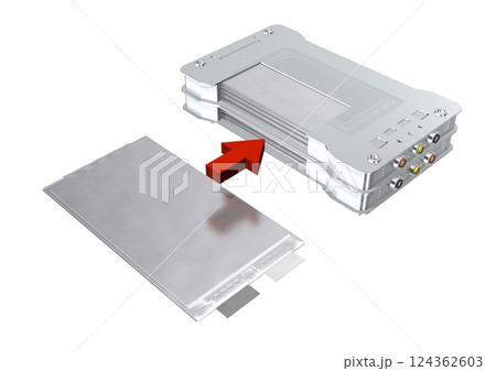EV駆動用バッテリー　リチウムイオンバッテリー　セル　セルモジュール(3DCGイメージ)赤矢印 124362603