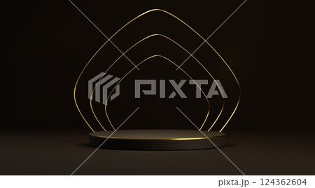 Round podium and golden arch on black background Round podium and golden arch on black background 124362604