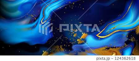 Blue and gold abstract liquid ink background. 124362618