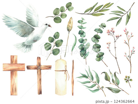 Wooden crosses, candles and flying pigeon, dove. Eucalyptus plant green branches and pink flowers twigs. Religion clipart set. Hand drawn watercolor illustration for baptism Isolated from background  124362664