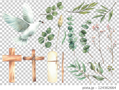 Wooden crosses, candles and flying pigeon, dove. Eucalyptus plant green branches and pink flowers twigs. Religion clipart set. Hand drawn watercolor illustration for baptism Isolated from background  124362664