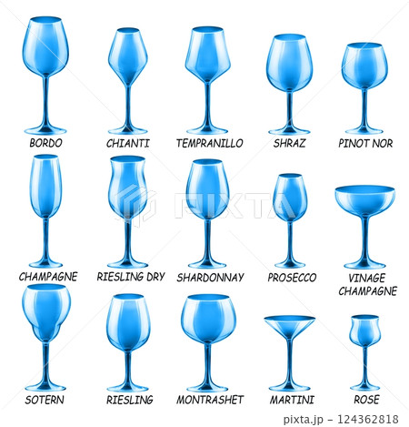 Set of colored glasses for wine, cocktails and other drinks. Drawings for a bar and restaurant. Set of colored glasses for wine, cocktails and other drinks. Drawings for a bar and restaurant. 124362818