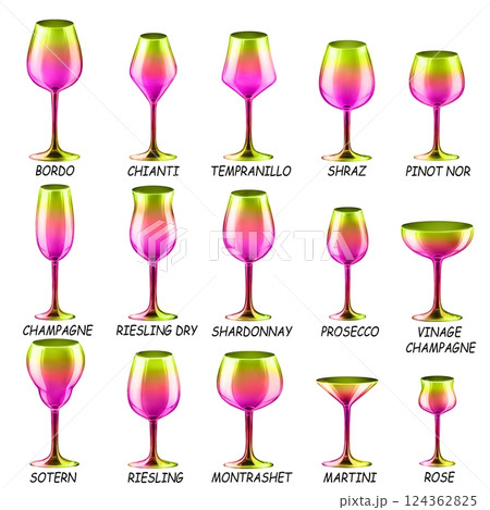 Set of colored glasses for wine, cocktails and other drinks. Drawings for a bar and restaurant. Set of colored glasses for wine, cocktails and other drinks. Drawings for a bar and restaurant. 124362825