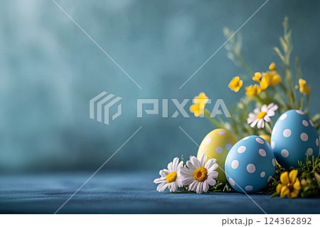 グレーの背景にカラフルなイースターエッグと花 124362892
